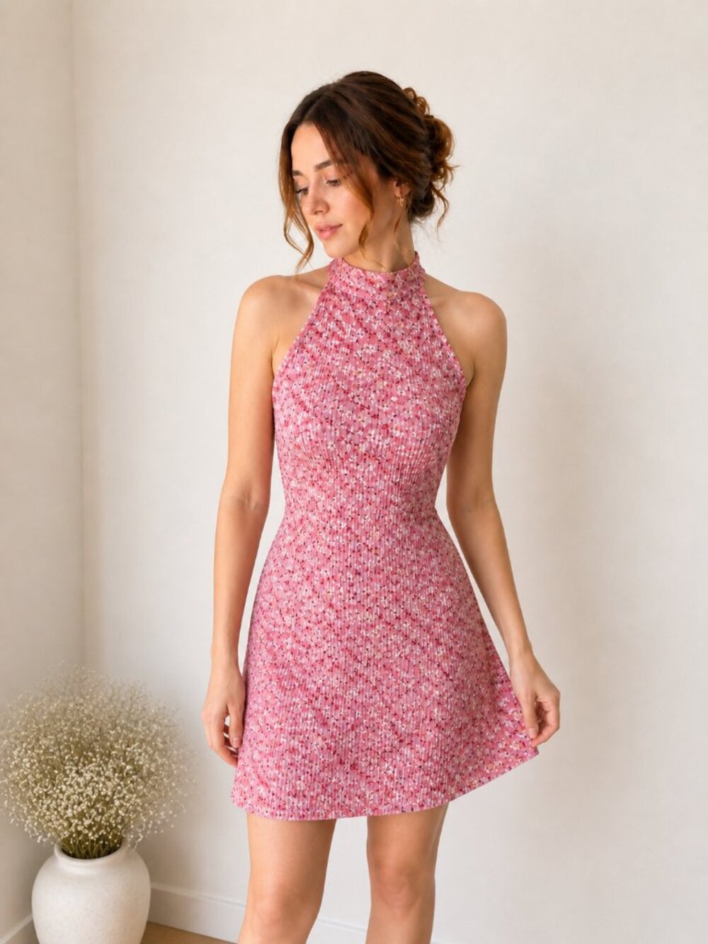 Pink Floral Halter Dress A-Line Mini Sleeveless Size S NWT
